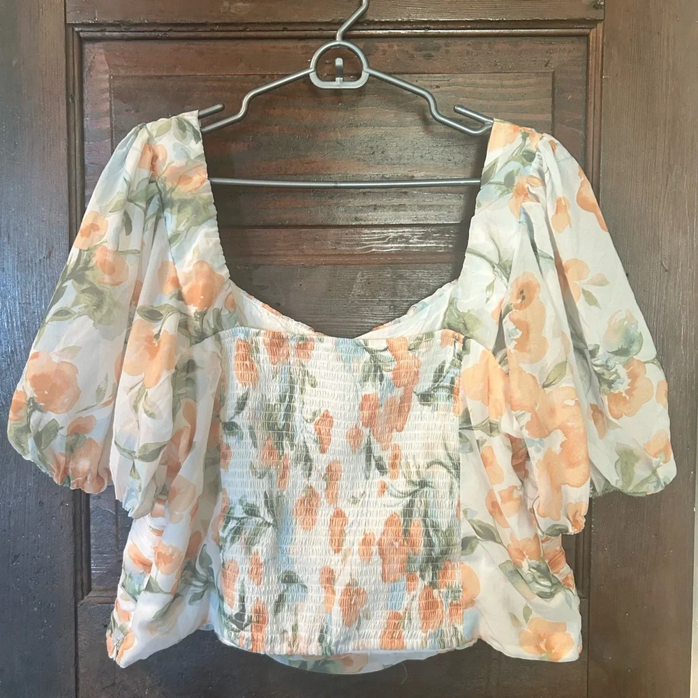 Abercrombie & Fitch Floral Puff Sleeve Top - Orange and Green